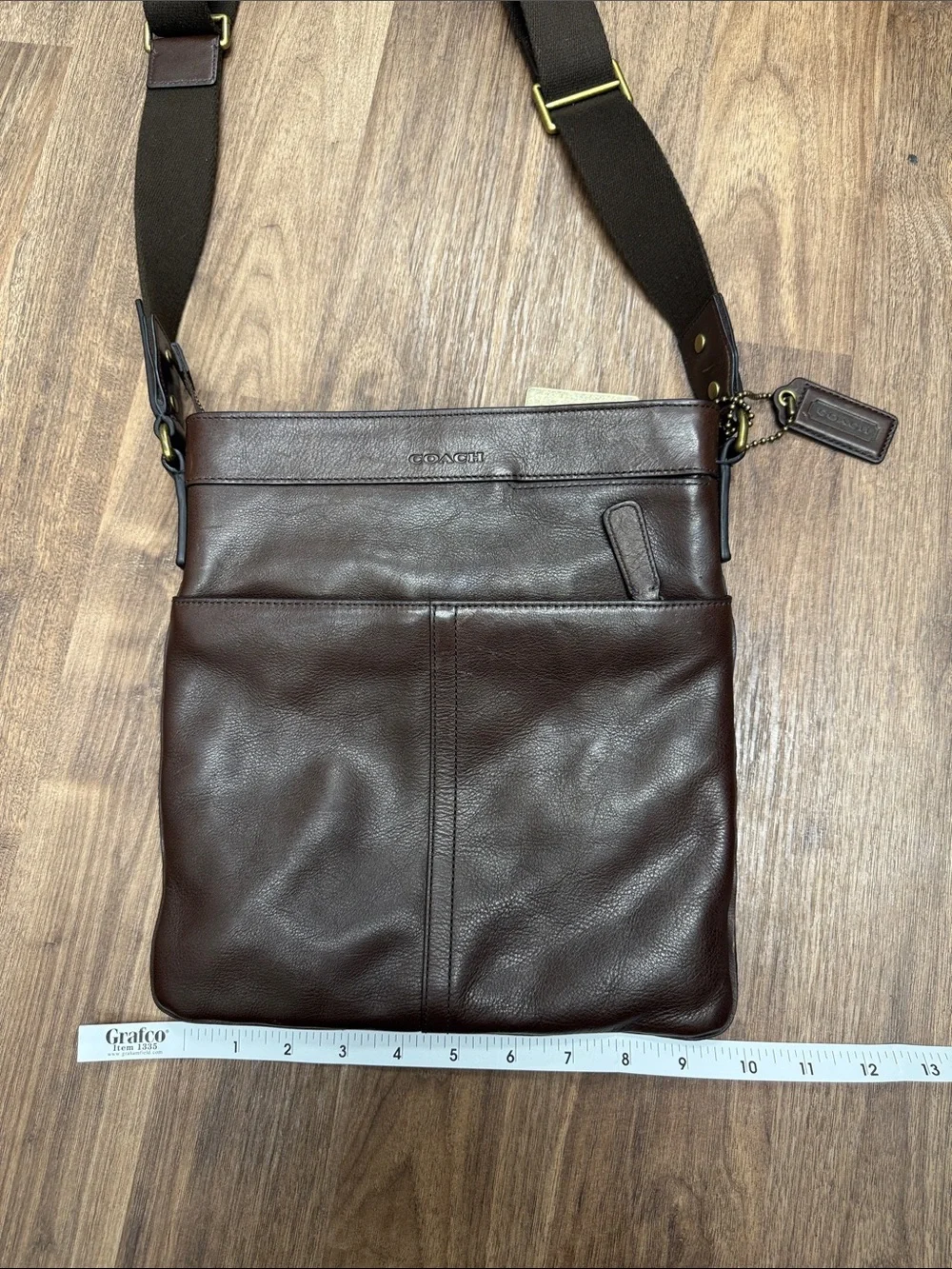 Coach Dark Brown Leather Messenger Bag with Brass Tags